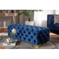 Baxton Studio TSFOT028-Dark Royal Blue/Gold-Otto Avara Glam and Luxe Royal Blue Velvet Fabric Upholstered Gold Finished Button Tufted Bench Ottoman